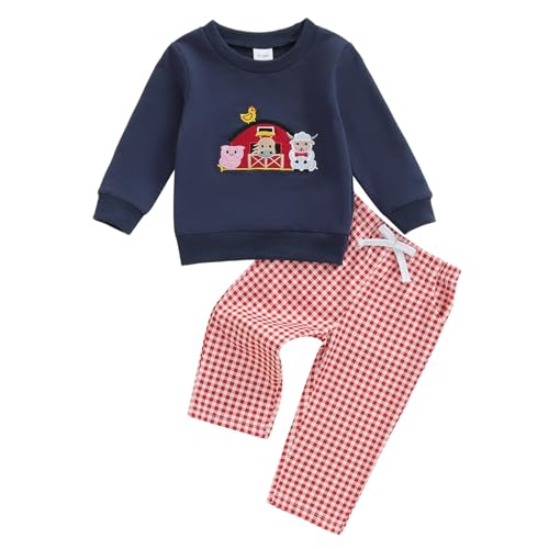 Image of Ysfanwuxi Toddler Baby Boy Farm Clothes Western Animal Sweatshirt and Gingham Plaid Pants Set 2Pcs Fall Winter Outfits