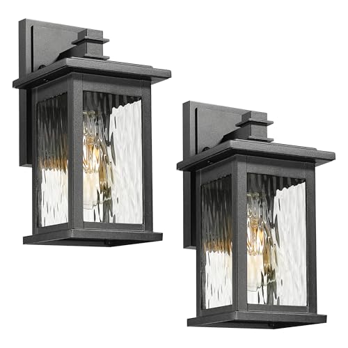 Emliviar 2 Pack Farmhouse Outdoor Wall Lights 12 Inch Exterior Lights Fixture for House Black Finish with Water Ripple Glass 1803EW1 2PK WP BK