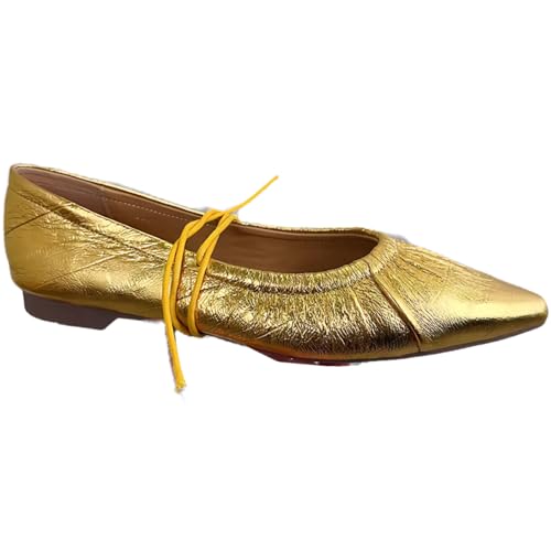 Elegant Lace-up Pointed-Toe Ballet Flats for Women with Criss-Cross Strap Design Soft-Surfaced Metallic Leather Upper Comfort Casual
