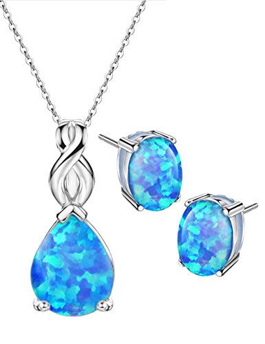 Blue Opal Jewelry Set Sterling Silver Pendant Necklace Stud Earrings October Birthstone Gemstone Fine Jewelry for Women
