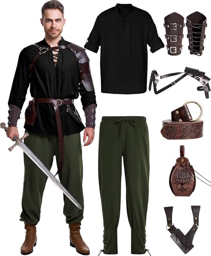 8 Pcs Men's Renaissance Costume Halloween Medieval Pirate Shirt Pant Viking Costume Accessories Set (Elegant...