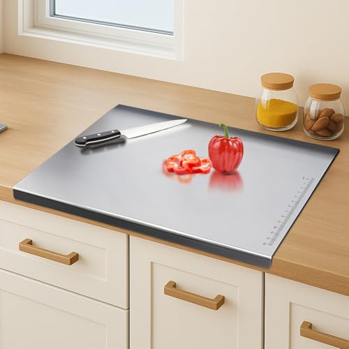 Image of CANWAY Stainless SteelChopping Board 42x32 cm with Handle|Anti-Slip Cutting Board for Kitchen|Hygienic & Easy Clean|Ideal for Vegetables, Fruits & Meat|Heavy-Duty Non Slip Chopper|Extra Large