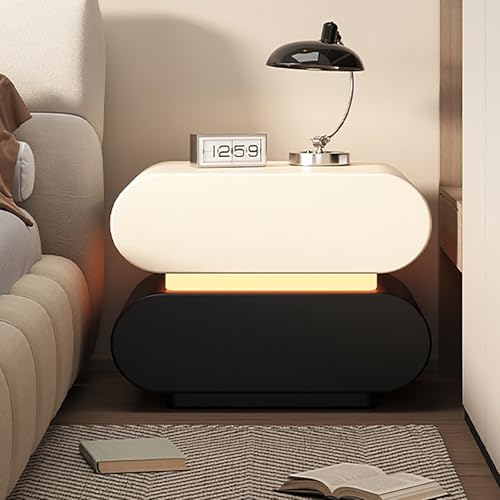 STCERY Mesita De Noche con Superficie De Cuero, Mesa Auxiliar con 2 Cajones, Mesitas Dormitorio, Sin Instalació, Marco De Madera Maciza, para Dormitorio, Salón(Black,50cm/19.7in)