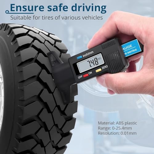 Image of Digital Digital Tyre Tread Depth Gauge 0-25mm LCD Display 0.01mm Accuracy Tyre Wear Measuring Tool mm /Inch Conversion Stainless Steel Probe for Car Bike Truck