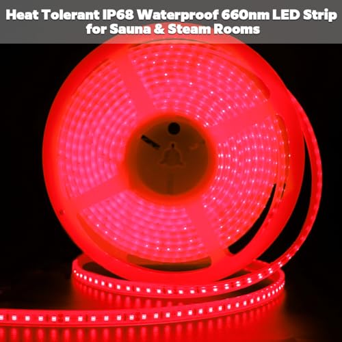 Image of 660nm Red Light Sauna LED Strip, Heat-Resistant IP68 Waterproof Flexible LED Tape Light, 24V 600 LEDs 5m /16.4Ft for Relaxation and General Lighting Use (660nm Red)