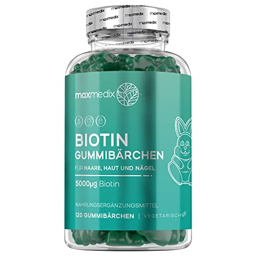 Biotin Gummibärchen 5000 mcg - 120 Fruchtgummis für Haut Haare Nägel - Haar Vitamine Gummibärchen mit Folsäure, Selen, Jod, Vitamin A, B12, E - Vegetarisch & ohne Gelatine - von maxmedix Cover