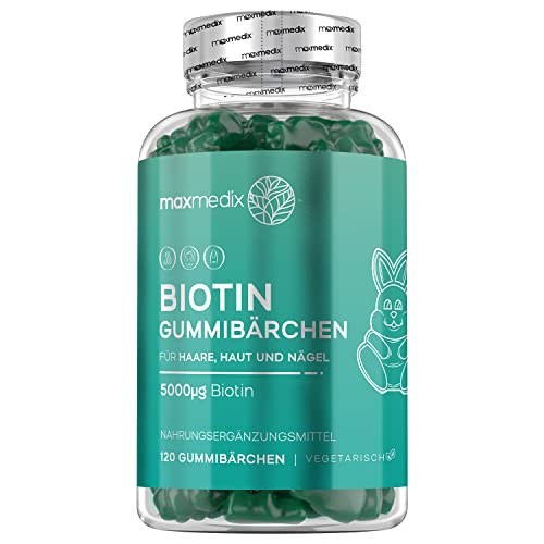 Biotin Gummibärchen 5000 mcg - 120 Fruchtgummis für Haut Haare Nägel - Haar Vitamine Gummibärchen mit Folsäure, Selen, Jod, Vitamin A, B12, E - Vegetarisch & ohne Gelatine - von maxmedix