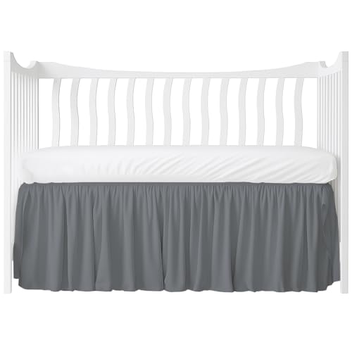 Crib Bed Skirt Dust Ruffle with Split Corners, 100% Cotton, Dark Grey Nursery Crib Skirt for Baby Boys or Girls, 28x52, 14' Drop, Toddler Bed Skirt,...