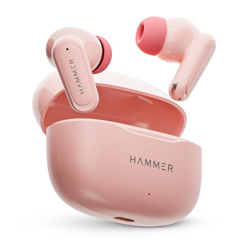 Image of HAMMER Airflow Neo Bubblegum Earbuds with 80H Playtime, 13mm Titanium Driver, 40ms Gaming Mode, Fast Charging Buds, Type-C Charging, Voice Assistant, Lightweight Dual-Tone Design (Pink)