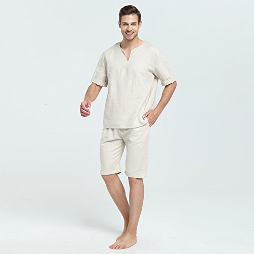 7 VEILS Mens Natural Linen Summer Pajama Set Casual Cotton V Neck Short Sleeve Sleepwear Pj Set2