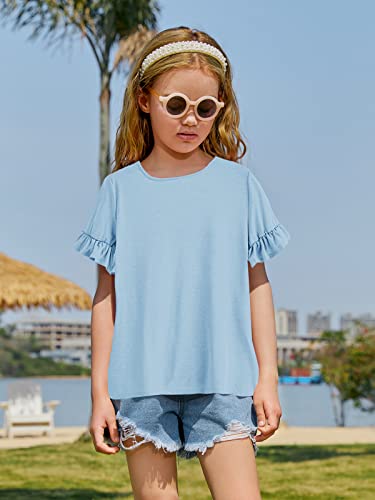 Kingdenergy Girls Summer Cute T Shirt Short Ruffle Sleeve Basic Soft Casual Plain Tunic Tops Tees Z-Blue #TOP1
