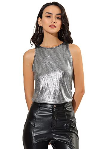 Allegra K Women's Metallic Tank Tops Shiny Sleeveless Party Disco Shirt