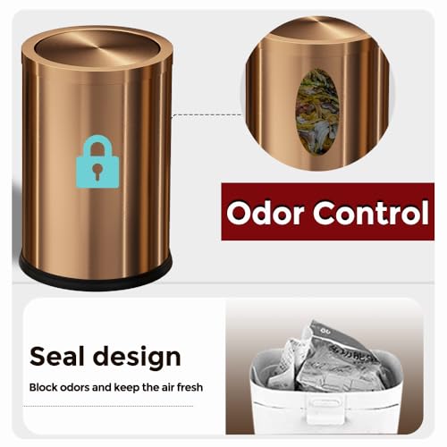 Image of Antique Brass Bathroom Trash can with lid,Stainless Steel,Small Grabage Can with Flipping Lid, 9L /2.4Gal for Living Room,Bedroom,Guest Room,Hotel (Rose Gold)