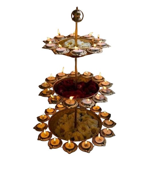 3 Layer Urli Bowls with Diya Stand and Artificial Flowers Free/Tealight