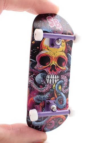 SPITBOARDS® 34 x 96 mm Wood Fingerboard Complete Set-Up, Pre Assembled, 5-Layers Wood, Pro Trucks with Lock Nuts, CNC Bearing Wheels, Real Wear Graphics, Lasered Foam Grip Tape, Octoskull