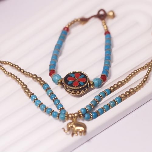 Petite Adjustable Boho Bracelet for Small Wrists 6-7.5 Inch - Handmade Nepalese Buddhist Prayer Bracelet with Elephant Charm, Brass Bell, Turquoise Stone & Tibetan Mantra Beads, Spiritual Lucky Gift4