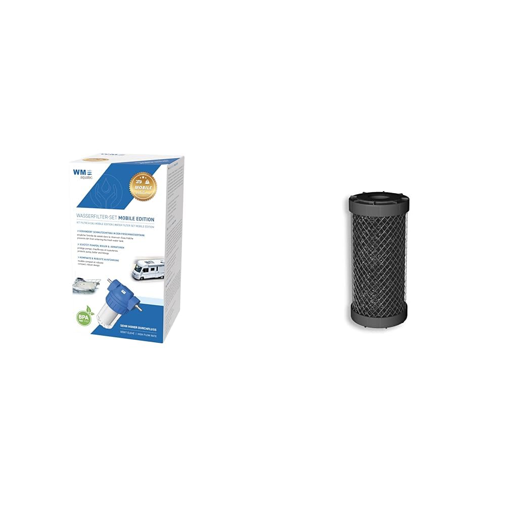 WM aquatec Wasserfilter-Set Mobile Edition inklusive Zubehör für Wohnmobil, Caravan und Boot & Aktivkohle Filterelement kompatibel mit Wasserfilter-Set Mobile Edition & Wasserfilter-Gehäuse Grösse S