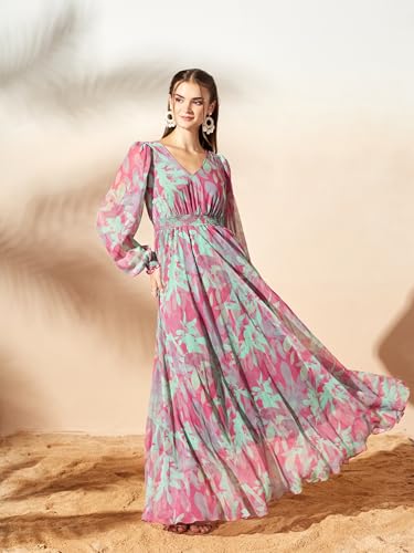 Image of Miss Chase Women's Multicolored-Base-Brown Relaxed Fit Maxi Lurex Chiffon Dress