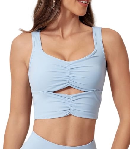 FEOYA Women’s Workout Tops Padded Sports Tank Top Strappy Yoga Crop Top Sleeveless Gym Shirt with Bra Pads