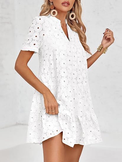 Imily Bela Womens Summer Lace Dresses Eyelet Casual Flowy Babydoll Swing Short Sleeve V Neck Tunic Dress - Image 3