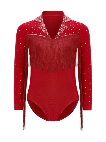 inhzoy Kids Boys Ballroom Latin Dance Leotard Shirt Sparkly Tassel Bodysuit Long Sleeve Fringe Top for Performance Red 11-12 Years