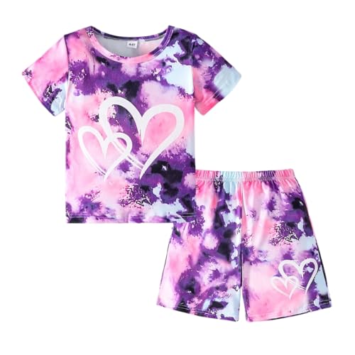 Image of Kids Girl Clothes Tie Dye Heart Print Short Sleeve Top and Shorts Toddler Girl Summer Outfits Short Set