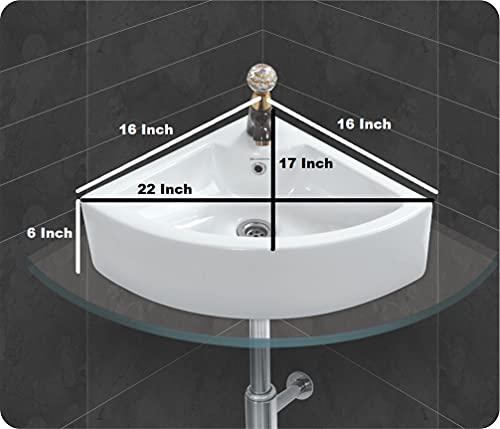 Image of Corner Wash Basin Counter Top cum Wall Hung Mounted Glossy Finish White Sink for Bathroom 16 x 16 x 6 Inch