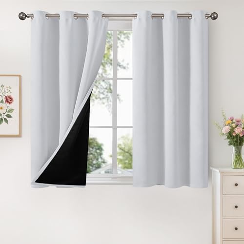 Image of YoungsTex Short 100% Blackout Curtains 45 Inches Length for Window, Double Layer Full Light Blocking Thermal Insulated Bedroom Curtain Drapes with Liner, Greyish White, 2 Panels, 42 X 45 Inch