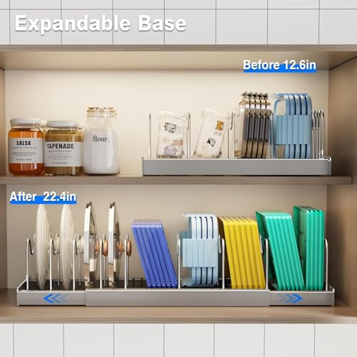 Image of Pan Organizer Rack for Kitchen Pot Holder Expandable Utensils Organiser with 9 Adjustable Dividers Pot and Pan Holder Racks for Cabinet Countertop Gray