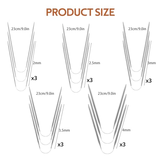 15 Pezzi Ferri da Maglia, Acciaio Inossidabile, 2 MM/2,5 MM/3 MM/3.5MM/4 MM, da Maglia per Maglioni Ferri da Maglia Ferri Circolari per Calze Cappelli E Guanti