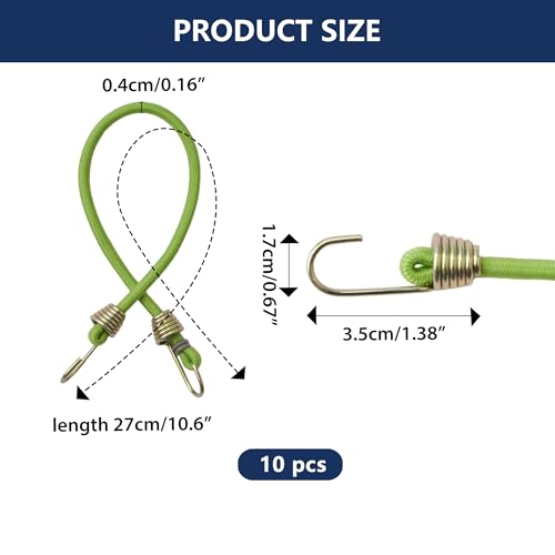 Image of Premium 10 Pack Fruit Green Small Bungee Cords with Hooks - Elastic Rubber Strap Rope, Stretchy Mini Bungee Cords for Bikes, Tents, Tarps, RV, Luggage Roof Racks, Wire Racks & Cargo Hand Carts