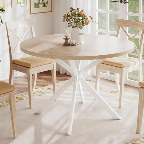 ChooChoo 47.2 Inch Round Dining Table for 4, Farmhouse Wood Kitchen Table, Circle Dinner Table for Kitchen & Dining Room, Natural Oak&White