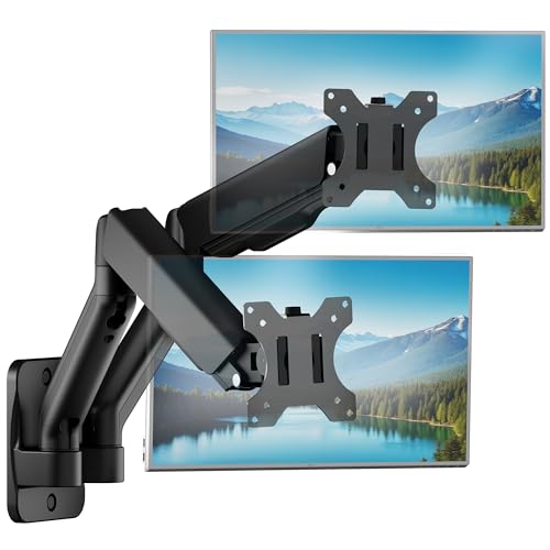 monTEK Dual Monitor Wall Mount for 17–32 Inch Flat & Curved Screens, Holds Up to 9kg Each, Fully Adjustable Mechanical Spring Monitor Arm Height, Tilt Swivel Rotate, 75x75/100x100 VESA Mount, Black