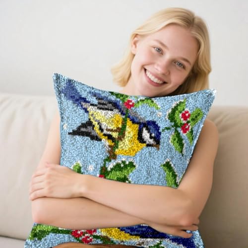 Image of Howie's Latch Hook Kit, DIY Birds Pillow Crochet Yarn Kits for Adults, Color Preprinted Pattern Embroidery Sofa Cushion Cover (Birds, 16.93 x 16.93 inch)