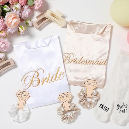 Image of Bonuci 24 Pcs Bride Bridesmaid Robes Set of 6 Bridal Silk Satin Robes for Wedding Bachelorette Party Bridal Shower Gifts