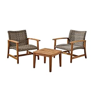 GDFStudioOutdoor 3 Piece Wood and Wicker Club Chairs and Side Table Set Gray