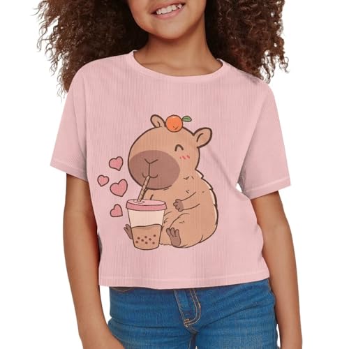 Image of Girls Crop Tees Crew Neck Casual Short Sleeve T Shirts Kids Loose Soft Comfortable Tees Blouses Shirt for Little Girl