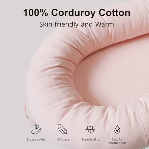 Image of Deluxe Infant Lounger, Baby Nest Cover for Baby Girls & Boys, Newborn Essentials for Baby 0-12 Months, 100% Cotton (Corduroy Cotton, Mistyrose)