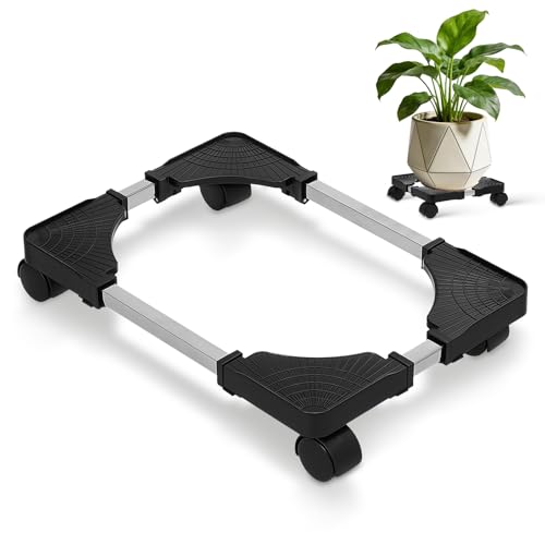 FOMIYES Supporto Portavasi Regolabile Ruote in Plastica ABS Rinforzata e Struttura in Acciaio, Base Antiscivolo Girevole, Carrello per Piante da Interno ed Esterno