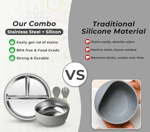 Image of NYALA Stainless Steel Toddler Plates Silicone Suction, Non-Slip Baby Plates BPA Free,Unbreakable Dishwasher Safe (Grey, Plate + Bowl)