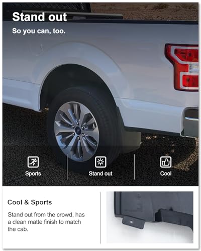 Image of Kiwi Master Mud Flaps for 2015-2020 Ford F-150 (with OEM Fender Flares), OEM Replacement # FL3Z-16A550-AA, FL3Z-16A550-BA, Heavy Duty Mud Guards, Front & Rear Splash Guards, No Drill, 4 Pcs Set