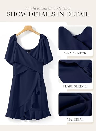 Image of Dokotoo Women's Wrap V Neck Short Flared Sleeve Wedding Guest Dress Smocked Elastic Waist Tiered Belted Ruffle Hem Mini Dress