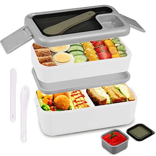 Honzuen Bento Lunch Box 2 Layer, Adults Compartment Bento Box With Sauce Container, Stackable Meal Prep Container With Cutlery, Microwave Safe Leak-Proof Lunch Box For Men Woman (White) #TOP8