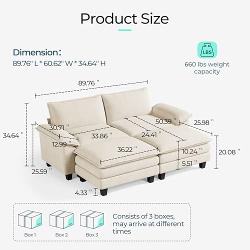 Image of LINSY Home Modular Sectional Sofa - Oversized Corduroy Cloud Couch with Movable Ottoman Soft Modern Comfy Sofa Set for Living Room Apartment Office, Beige