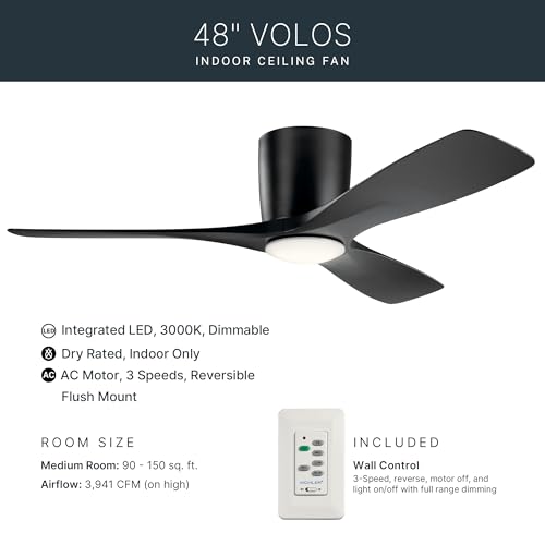 Image of Kichler Volos 48 inch Ceiling Fan With LED Light, Satin Black, 300032SBK | Wall Control, Contemporary Indoor Fan, Low Profile Ceiling Fan with Light