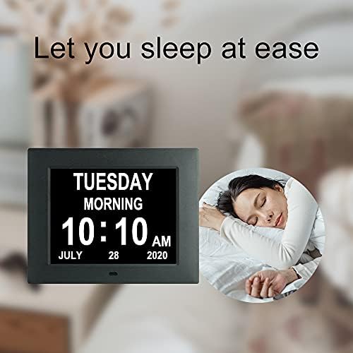 TMC Dementia Clock Digital Calendar Clock - 8 Alarm Options,Extra Large Non-Abbreviated Day & Month for Vision Impaired, Elderly, Memory Loss(7 inch, Black)