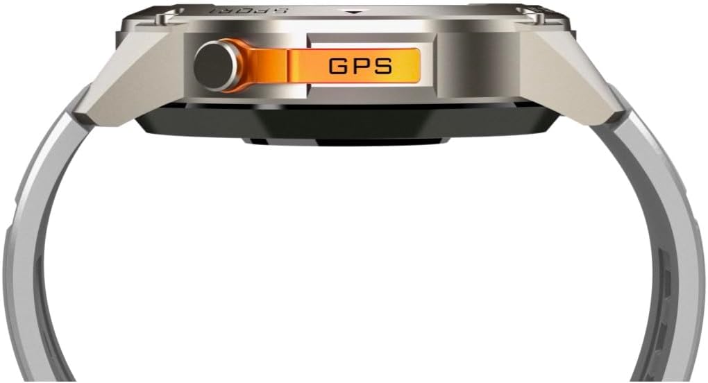 Lato view of the DM56 smartwatch showing the GPS button