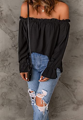 Women's Off Shoulder Top Ruffle Long Sleeve Chiffon Blouse Casual Loose Shirts2