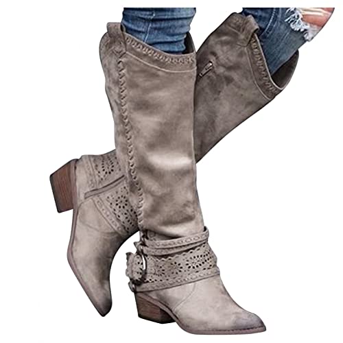 Hbeylia Knee High Western Cowboy Cowgirls Boots For Women Vintage Boho Lace Leather Pointed Toe Chunky Block Mid Heels Knee Length Long Boots With Side Zip Fashion Winter Fall Dress Tall Boots