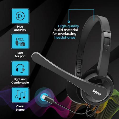 Image of Dyazo Type C Wired Headphones with Mic | Lightweight On Ear Headset Compatible for PC, Mobile Phones, Laptop & MacBook | Comfortable Fit | Ideal for Office, Calls & Online Meetings (Black)